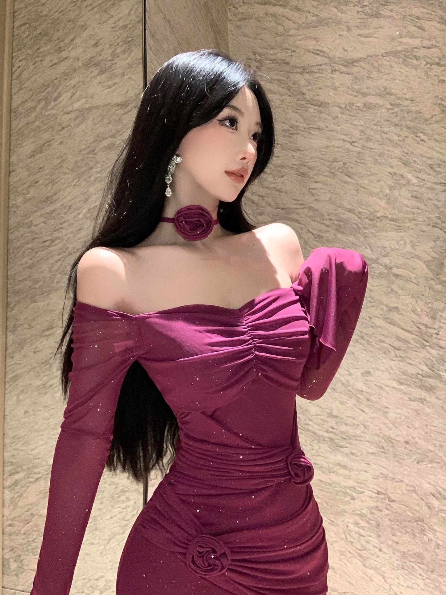 Charming Plum Sheer Mesh Mermaid Maxi Skirt Vintage Long Bell Sleeve Square Neck Ruched 3D Rose Glittering Sequins Long Dress AP1662