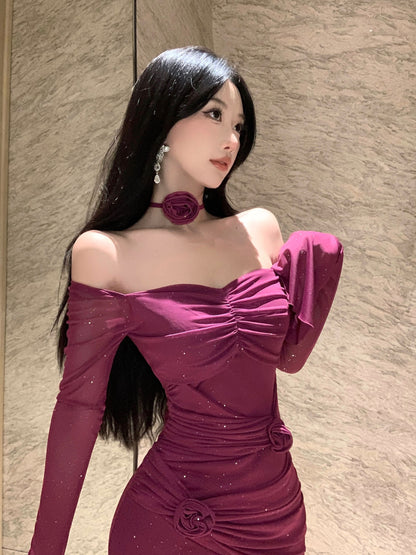 Charming Plum Sheer Mesh Mermaid Maxi Skirt Vintage Long Bell Sleeve Square Neck Ruched 3D Rose Glittering Sequins Long Dress AP1662