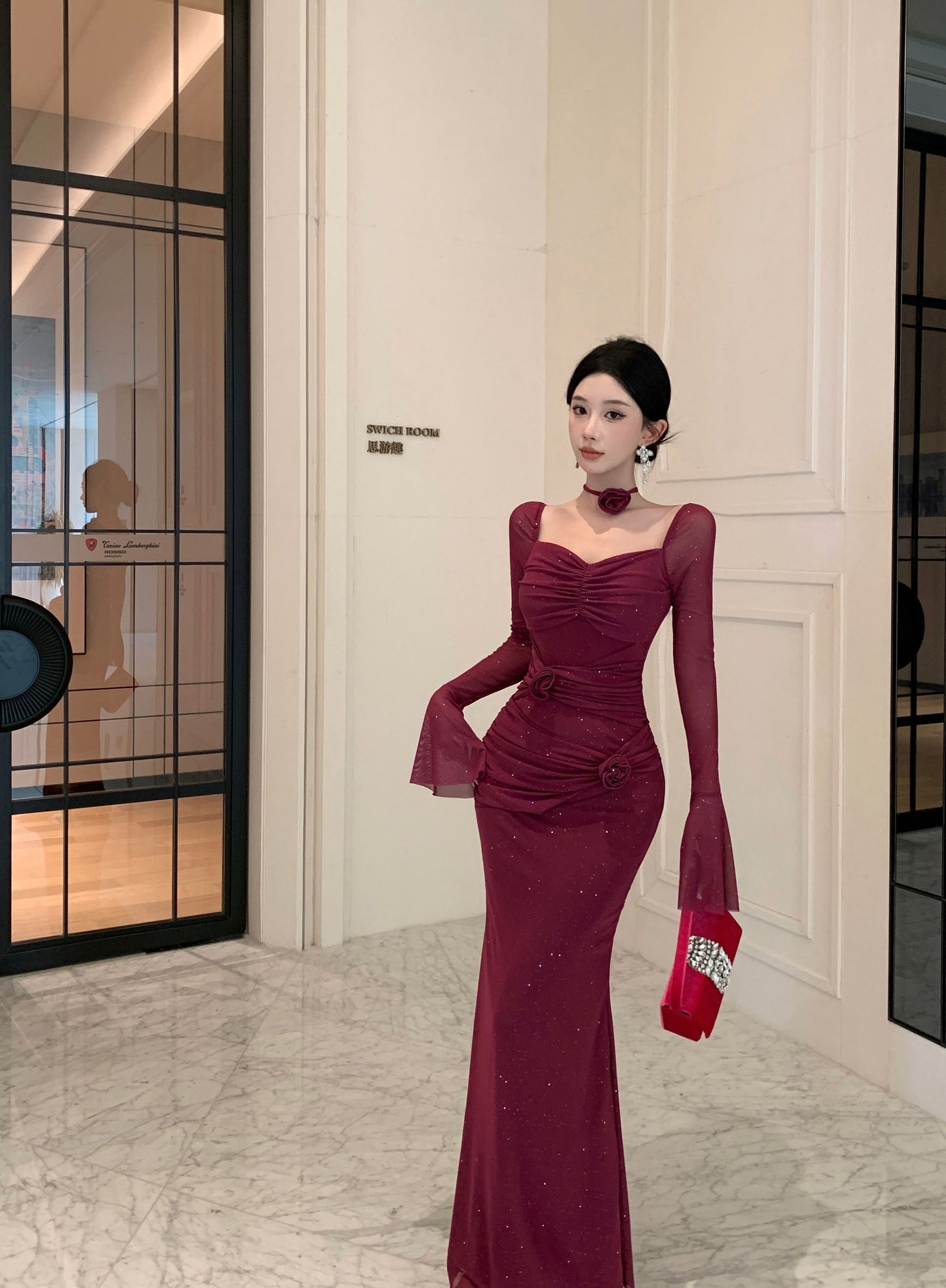 Charming Plum Sheer Mesh Mermaid Maxi Skirt Vintage Long Bell Sleeve Square Neck Ruched 3D Rose Glittering Sequins Long Dress AP1662