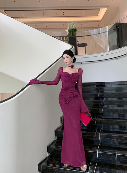 Charming Plum Sheer Mesh Mermaid Maxi Skirt Vintage Long Bell Sleeve Square Neck Ruched 3D Rose Glittering Sequins Long Dress AP1662