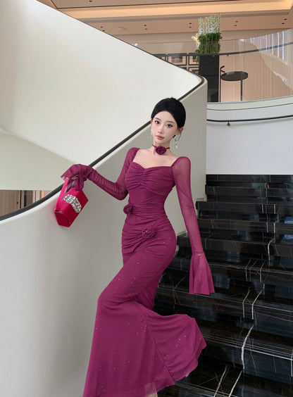 Charming Plum Sheer Mesh Mermaid Maxi Skirt Vintage Long Bell Sleeve Square Neck Ruched 3D Rose Glittering Sequins Long Dress AP1662