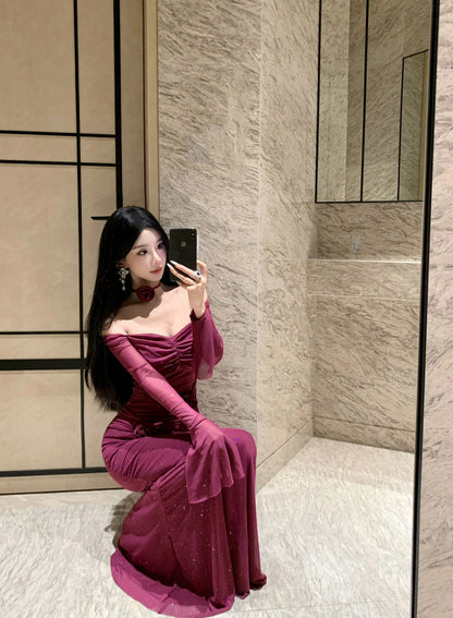 Charming Plum Sheer Mesh Mermaid Maxi Skirt Vintage Long Bell Sleeve Square Neck Ruched 3D Rose Glittering Sequins Long Dress AP1662