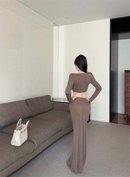 Vintage Brown Ribbed Knit Two-Piece Set Maxi Skirt Elegant Cowl Neck Crop Top Long Sleeve High-Waist Mermaid Long Dress AP1663