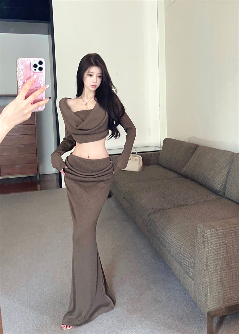 Vintage Brown Ribbed Knit Two-Piece Set Maxi Skirt Elegant Cowl Neck Crop Top Long Sleeve High-Waist Mermaid Long Dress AP1663