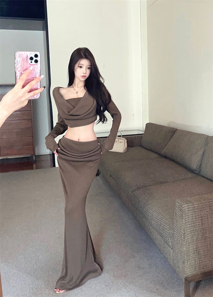 Vintage Brown Ribbed Knit Two-Piece Set Maxi Skirt Elegant Cowl Neck Crop Top Long Sleeve High-Waist Mermaid Long Dress AP1663