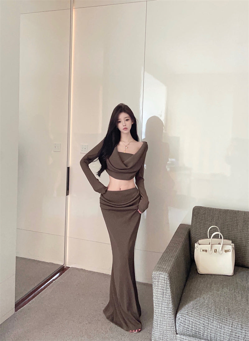 Vintage Brown Ribbed Knit Two-Piece Set Maxi Skirt Elegant Cowl Neck Crop Top Long Sleeve High-Waist Mermaid Long Dress AP1663