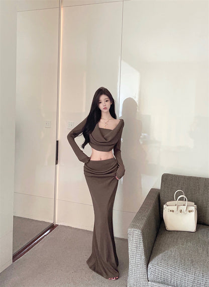 Vintage Brown Ribbed Knit Two-Piece Set Maxi Skirt Elegant Cowl Neck Crop Top Long Sleeve High-Waist Mermaid Long Dress AP1663