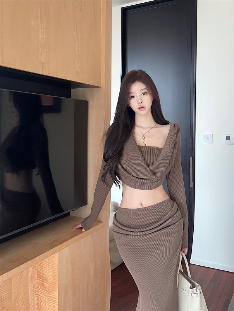 Vintage Brown Ribbed Knit Two-Piece Set Maxi Skirt Elegant Cowl Neck Crop Top Long Sleeve High-Waist Mermaid Long Dress AP1663