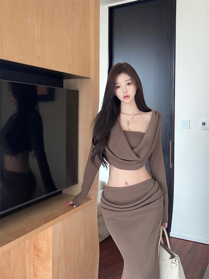 Vintage Brown Ribbed Knit Two-Piece Set Maxi Skirt Elegant Cowl Neck Crop Top Long Sleeve High-Waist Mermaid Long Dress AP1663