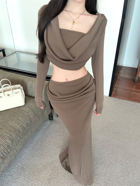 Vintage Brown Ribbed Knit Two-Piece Set Maxi Skirt Elegant Cowl Neck Crop Top Long Sleeve High-Waist Mermaid Long Dress AP1663