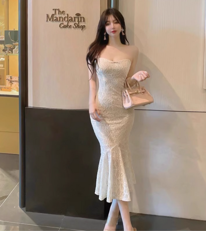 Graceful Beige Lace-Patterned Strapless Midi Dress Vogue Evening & Party Mermaid Bodycon Mid-Length Long Dress AP1665