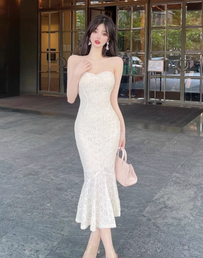 Graceful Beige Lace-Patterned Strapless Midi Dress Vogue Evening & Party Mermaid Bodycon Mid-Length Long Dress AP1665