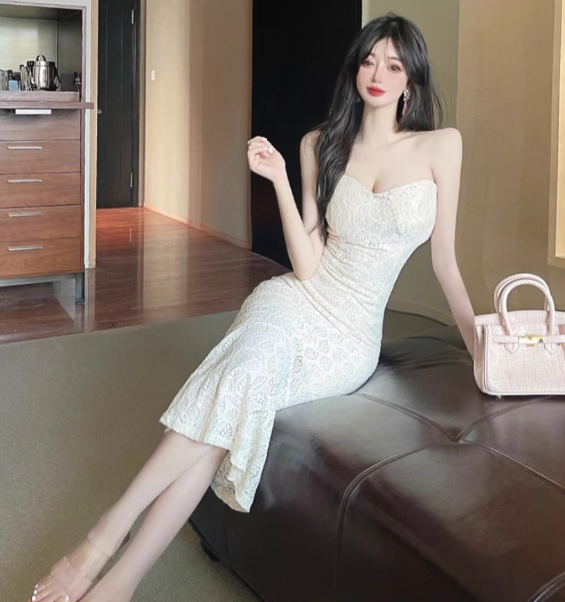 Graceful Beige Lace-Patterned Strapless Midi Dress Vogue Evening & Party Mermaid Bodycon Mid-Length Long Dress AP1665