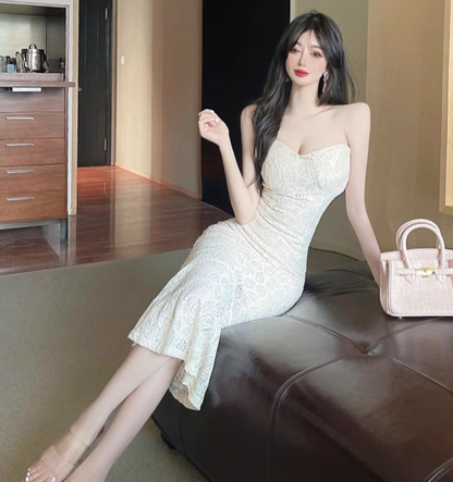 Graceful Beige Lace-Patterned Strapless Midi Dress Vogue Evening & Party Mermaid Bodycon Mid-Length Long Dress AP1665