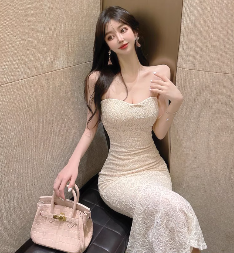 Graceful Beige Lace-Patterned Strapless Midi Dress Vogue Evening & Party Mermaid Bodycon Mid-Length Long Dress AP1665