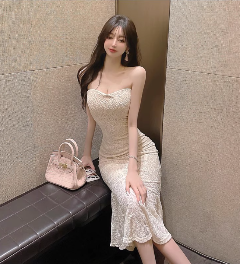 Graceful Beige Lace-Patterned Strapless Midi Dress Vogue Evening & Party Mermaid Bodycon Mid-Length Long Dress AP1665