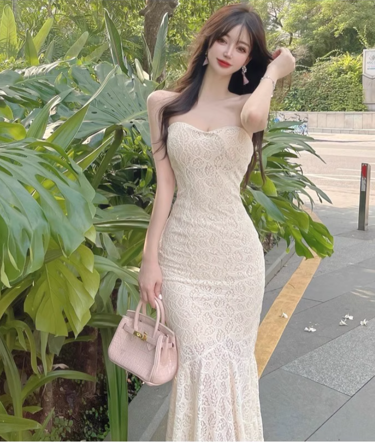 Graceful Beige Lace-Patterned Strapless Midi Dress Vogue Evening & Party Mermaid Bodycon Mid-Length Long Dress AP1665