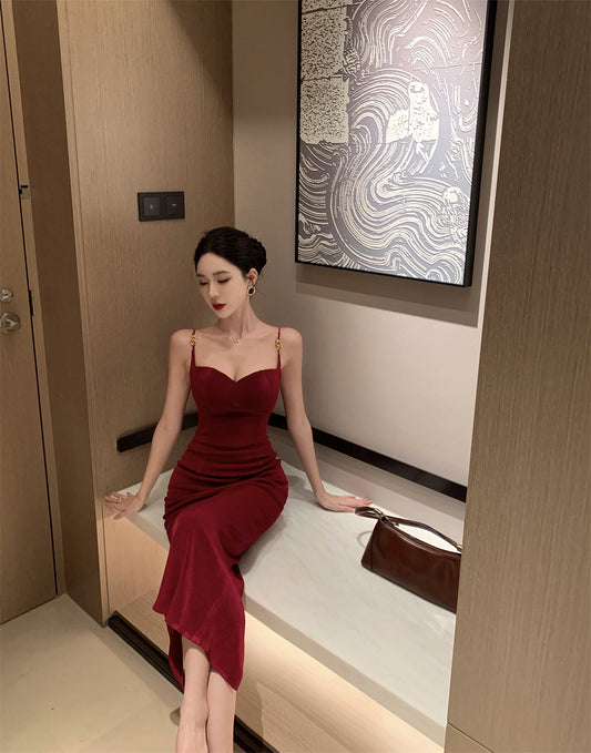 Sexy Burgundy Gold Backless Mermaid Maxi Dress New Fashion Spaghetti Strap Evening Party Long Dress AP1666