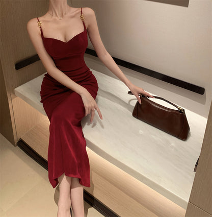 Sexy Burgundy Gold Backless Mermaid Maxi Dress New Fashion Spaghetti Strap Evening Party Long Dress AP1666