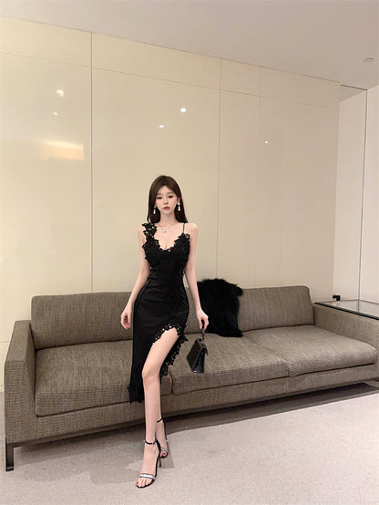 Sexy Black Lace Evening Party Asymmetric Hem Maxi Dress Novelty Spaghetti Strap High Slit Bodycon Long Dress AP1667