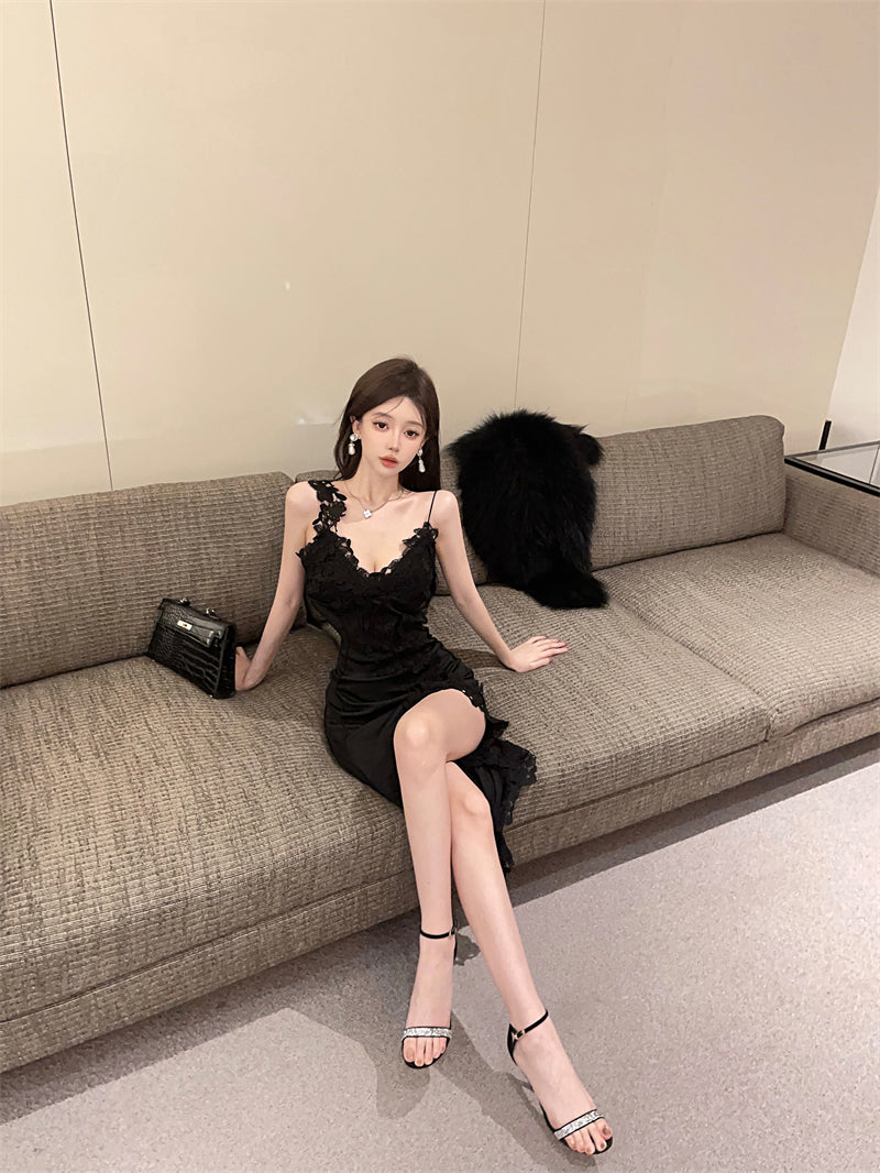 Sexy Black Lace Evening Party Asymmetric Hem Maxi Dress Novelty Spaghetti Strap High Slit Bodycon Long Dress AP1667