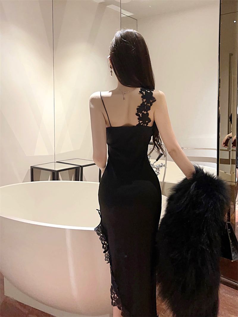 Sexy Black Lace Evening Party Asymmetric Hem Maxi Dress Novelty Spaghetti Strap High Slit Bodycon Long Dress AP1667