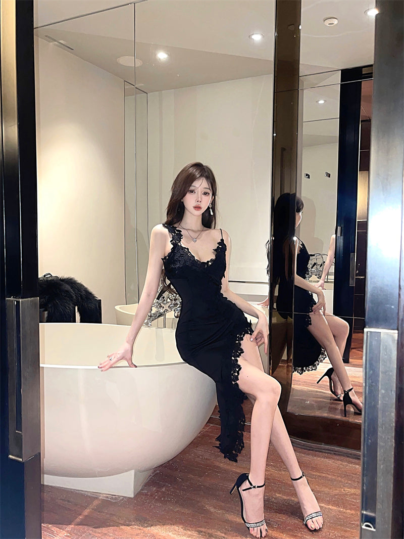 Sexy Black Lace Evening Party Asymmetric Hem Maxi Dress Novelty Spaghetti Strap High Slit Bodycon Long Dress AP1667