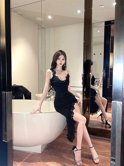Sexy Black Lace Evening Party Asymmetric Hem Maxi Dress Novelty Spaghetti Strap High Slit Bodycon Long Dress AP1667