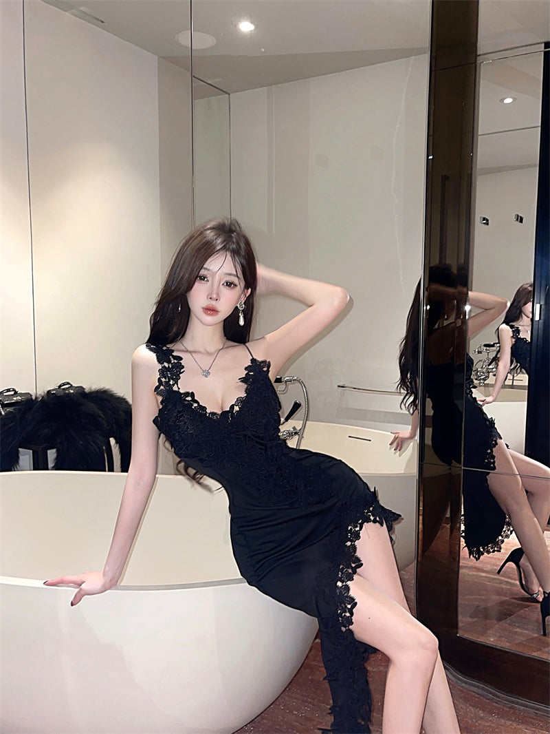 Sexy Black Lace Evening Party Asymmetric Hem Maxi Dress Novelty Spaghetti Strap High Slit Bodycon Long Dress AP1667