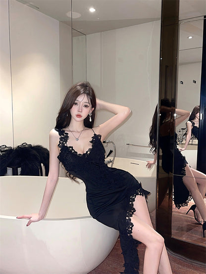 Sexy Black Lace Evening Party Asymmetric Hem Maxi Dress Novelty Spaghetti Strap High Slit Bodycon Long Dress AP1667