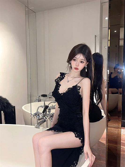 Sexy Black Lace Evening Party Asymmetric Hem Maxi Dress Novelty Spaghetti Strap High Slit Bodycon Long Dress AP1667