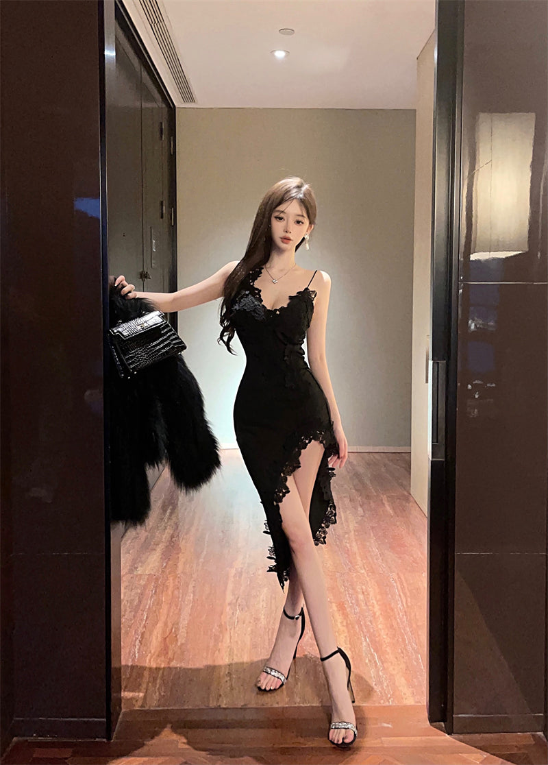 Sexy Black Lace Evening Party Asymmetric Hem Maxi Dress Novelty Spaghetti Strap High Slit Bodycon Long Dress AP1667