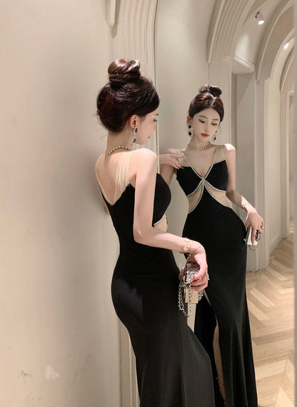 Fantastic Black Mesh Splicing Mermaid Maxi Dress Exquisite Beading Tulle Straps High Slit Bodycon Long Dress AP1668