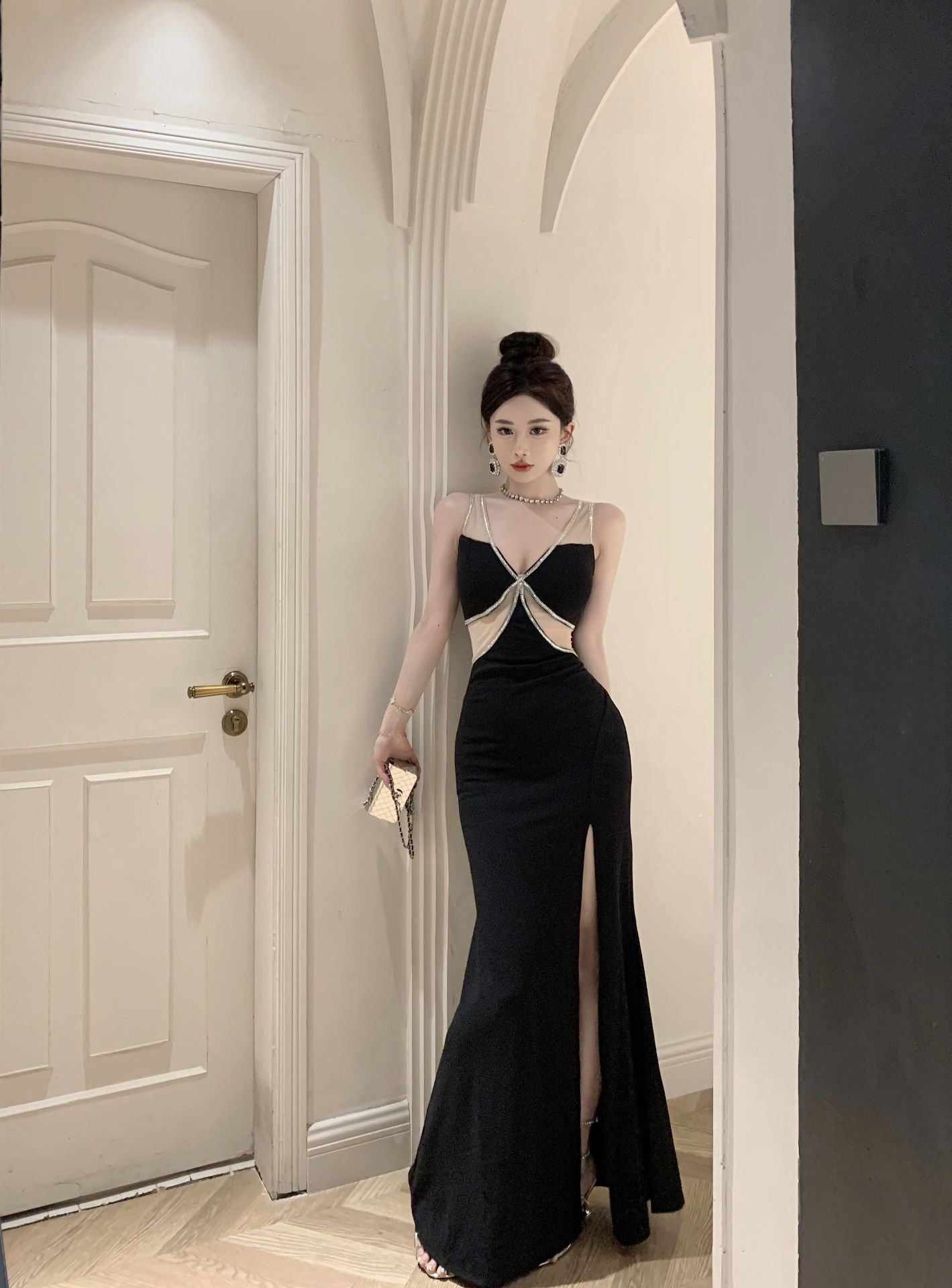 Fantastic Black Mesh Splicing Mermaid Maxi Dress Exquisite Beading Tulle Straps High Slit Bodycon Long Dress AP1668