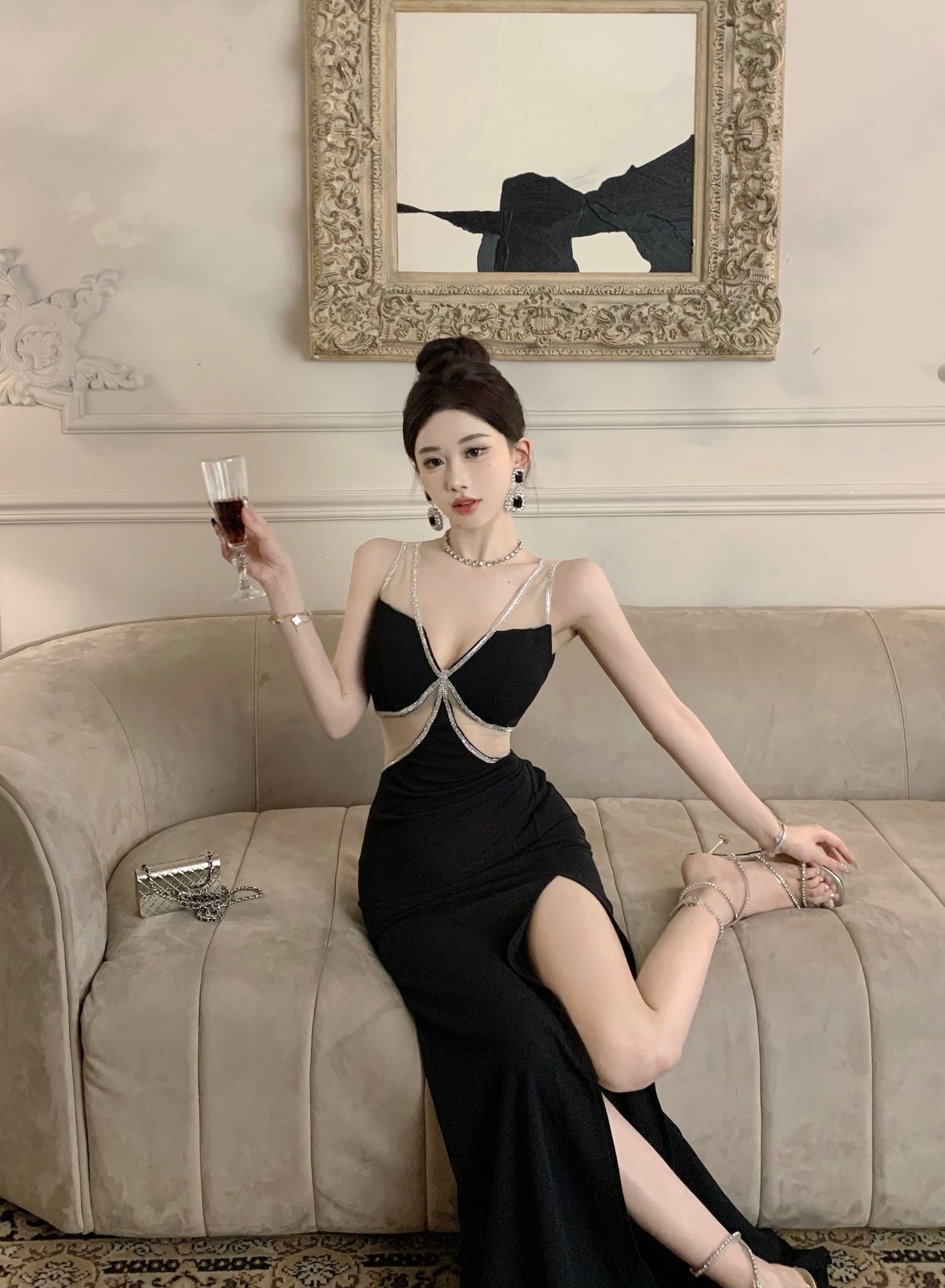 Fantastic Black Mesh Splicing Mermaid Maxi Dress Exquisite Beading Tulle Straps High Slit Bodycon Long Dress AP1668