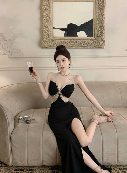 Fantastic Black Mesh Splicing Mermaid Maxi Dress Exquisite Beading Tulle Straps High Slit Bodycon Long Dress AP1668