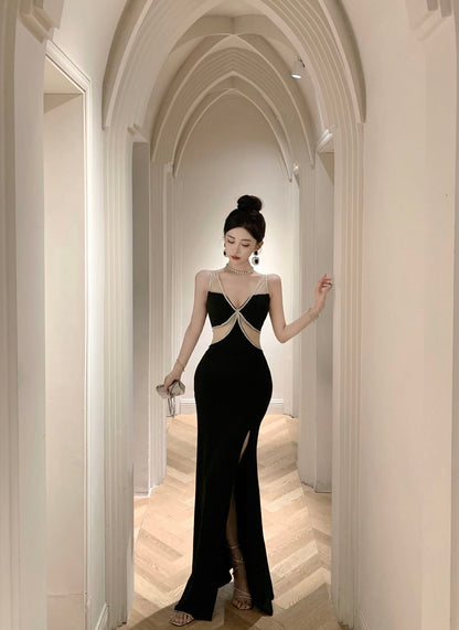 Fantastic Black Mesh Splicing Mermaid Maxi Dress Exquisite Beading Tulle Straps High Slit Bodycon Long Dress AP1668