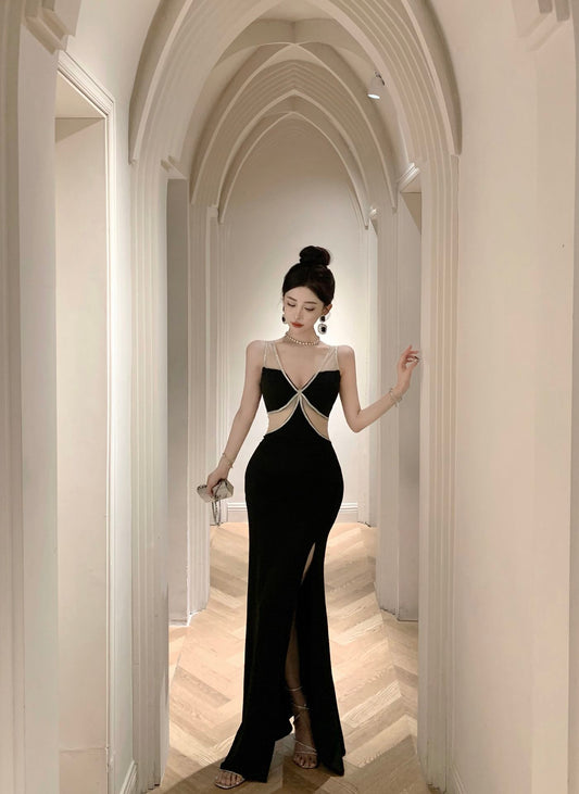Fantastic Black Mesh Splicing Mermaid Maxi Dress Exquisite Beading Tulle Straps High Slit Bodycon Long Dress AP1668