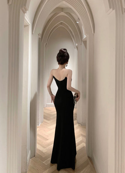 Fantastic Black Mesh Splicing Mermaid Maxi Dress Exquisite Beading Tulle Straps High Slit Bodycon Long Dress AP1668