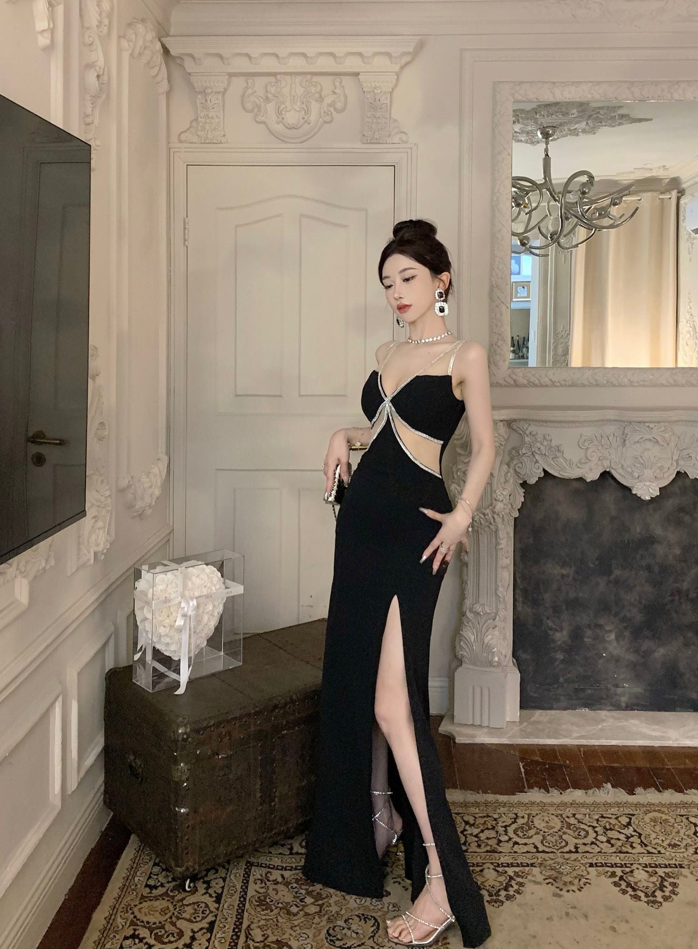 Fantastic Black Mesh Splicing Mermaid Maxi Dress Exquisite Beading Tulle Straps High Slit Bodycon Long Dress AP1668