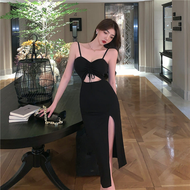 Charming Spaghetti Strap Cutout Bodycon Midi Dress Chic Tie-Front High Slit Party & Date Long Dress AP1669