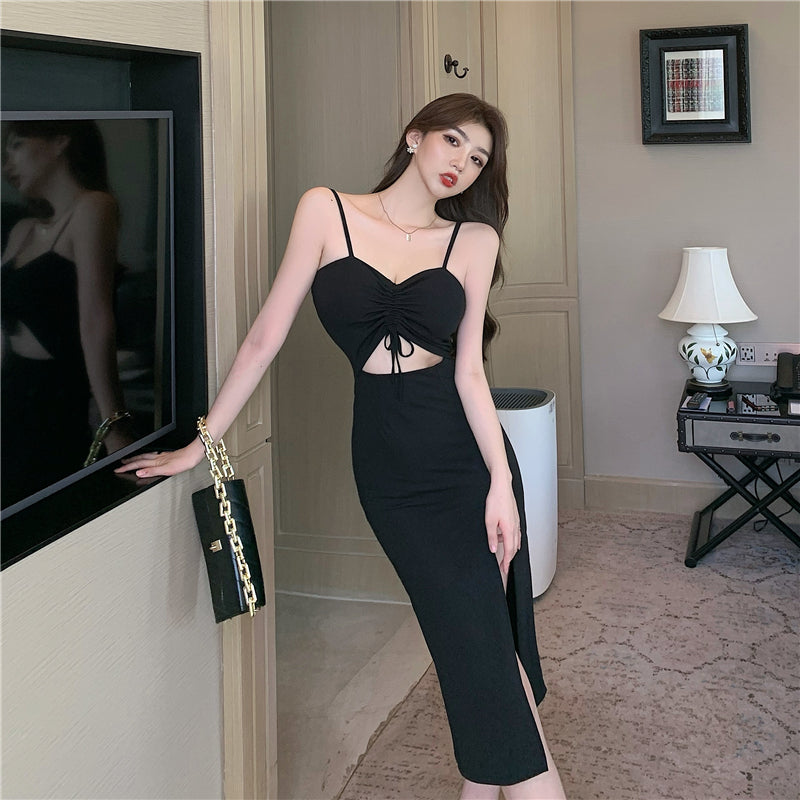 Charming Spaghetti Strap Cutout Bodycon Midi Dress Chic Tie-Front High Slit Party & Date Long Dress AP1669