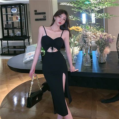 Charming Spaghetti Strap Cutout Bodycon Midi Dress Chic Tie-Front High Slit Party & Date Long Dress AP1669