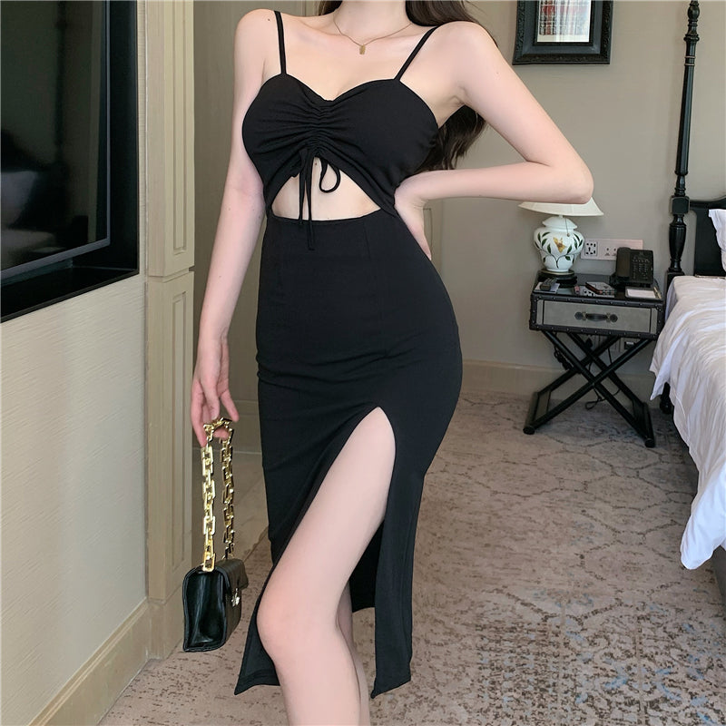 Charming Spaghetti Strap Cutout Bodycon Midi Dress Chic Tie-Front High Slit Party & Date Long Dress AP1669
