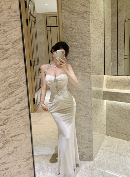 New Tendency Cutout Beading Ruched Mermaid Maxi Dress Parties Outfit Rhinestone Design White Halter Long Dress AP1670