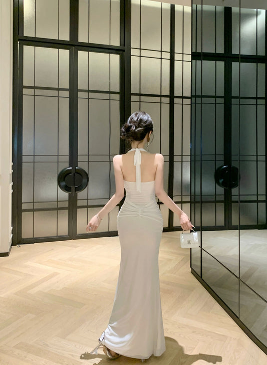 New Tendency Cutout Beading Ruched Mermaid Maxi Dress Parties Outfit Rhinestone Design White Halter Long Dress AP1670