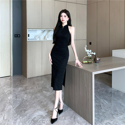Minimalist Black Round Neck Midi Dress Alluring Everyday Outfit Side Slit Halter Long Dress AP1672