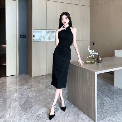 Minimalist Black Round Neck Midi Dress Alluring Everyday Outfit Side Slit Halter Long Dress AP1672