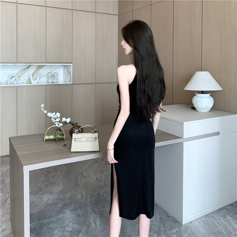 Minimalist Black Round Neck Midi Dress Alluring Everyday Outfit Side Slit Halter Long Dress AP1672