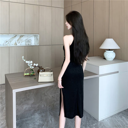 Minimalist Black Round Neck Midi Dress Alluring Everyday Outfit Side Slit Halter Long Dress AP1672